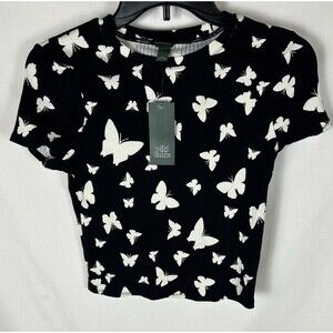 Wild Fable Girl’s Med. Butterfly Crop Top Shirt Black White Ribbed Short Sleeve
